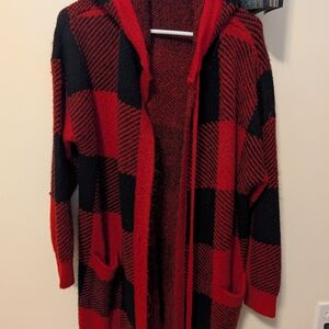 Red and Black Plaid Hooded Cardigan